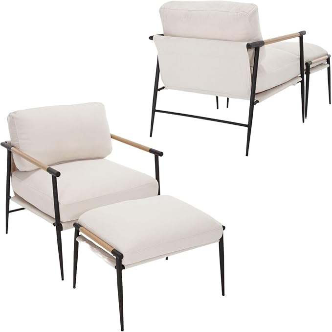 LukeAlon Mid-Century Chenille Accent Chairs with Ottoman Set of 2 Soft Living Room Chairs with Metal Legs Modern Upholstered Armchairs Lounge Chair with Footstool for Bedroom Reading Room Beige