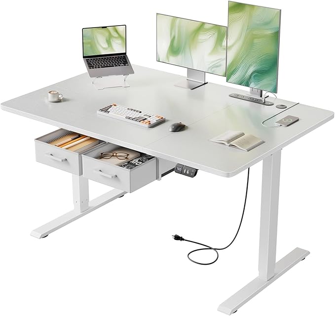 HLDIRECT Electric Standing Desk 47 x 31.5 Inches Height Adjustable Table with Outlets Sit Stand Computer Desk with Drawers for Home Office Ergonomic Rising Workstation White