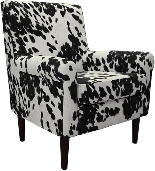 Pemberly Row Fabric Rolled Arm Lounge Chair Cowhide Black Upholstery 17.5 Seat Height Durable Construction Farmhouse or Modern Accent Chair for Living Room or Bedroom Use