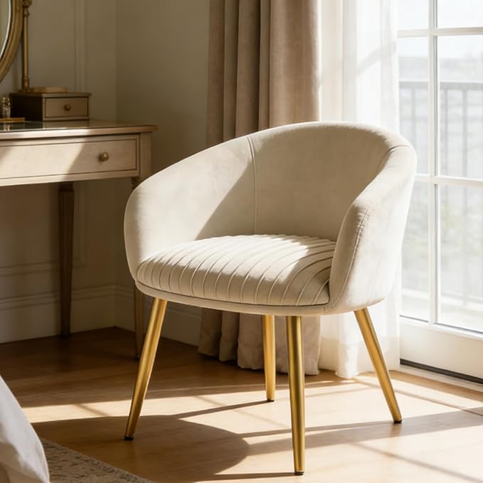 Accent Velvet Makeup Vanity Chair Boucle Modern Tufted Girls Desk Chair No Wheels with Gold Metal Legs 20 Extra Wide Cushion Armchair for Bedroom Bathroom Dining Room Living Room Cream Beige