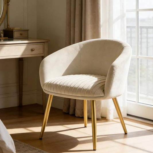 Accent Velvet Makeup Vanity Chair Boucle Modern Tufted Girls Desk Chair No Wheels with Gold Metal Legs 20 Extra Wide Cushion Armchair for Bedroom Bathroom Dining Room Living Room Cream Beige