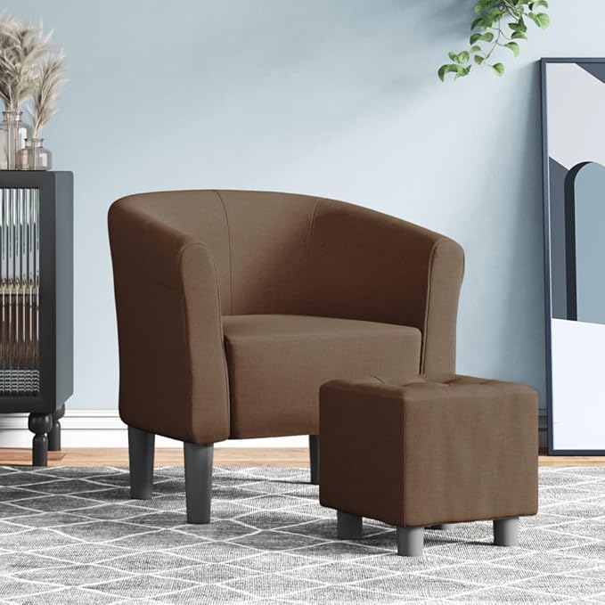 vidaXL Modern Tub Chair with Footstool in Brown Fabric - Comfortable Seating Experience with Thick Padding and Durable Fabric Ideal for Living Room Bedroom Office