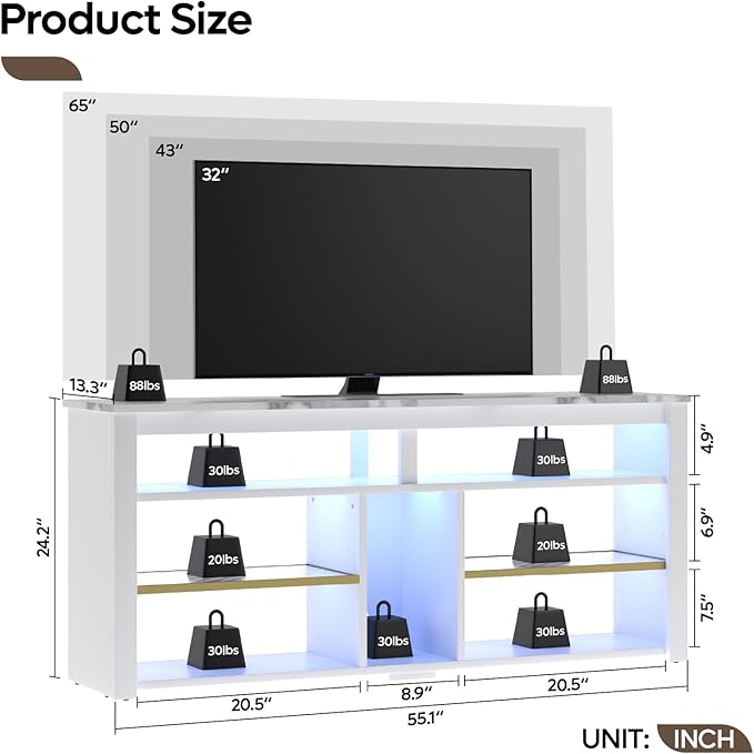 Bestier LED Tall Entertainment Center for PS4 55 inch TV Stand for 55/60/65 inch TV TV Console with Storage Media TV Cabinet with Adjustable Shelf for Living Room White Marble