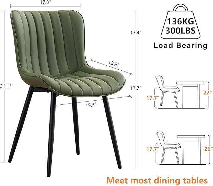YOUNUOKE Mid-Century Modern Dining Chairs Set of 2 Olive Green PU Leather Upholstered Kitchen Chairs with Black Metal Legs Armless Accent Side Chair for Dining Room Guest Reception Room