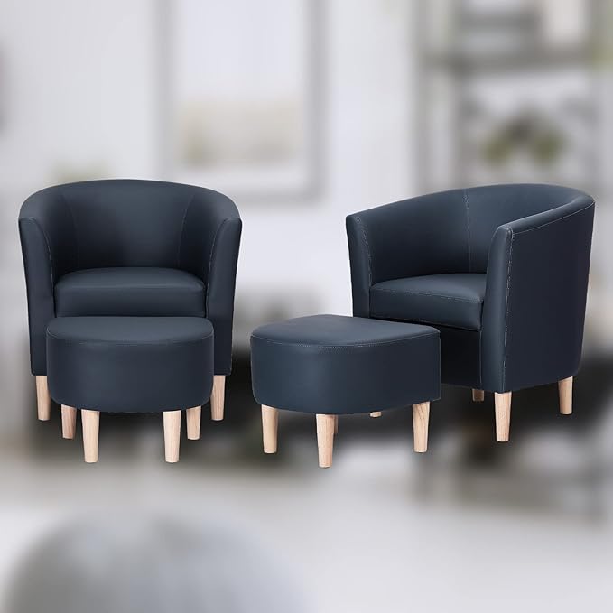 DAZONE Leather Chair Accent Chair Mid Century Modern with Ottoman Faux Barrel Comfy Armchair Upholstered Club Tub Round Arms for Living Room Bedroom Reading Navy Blue Set of 1