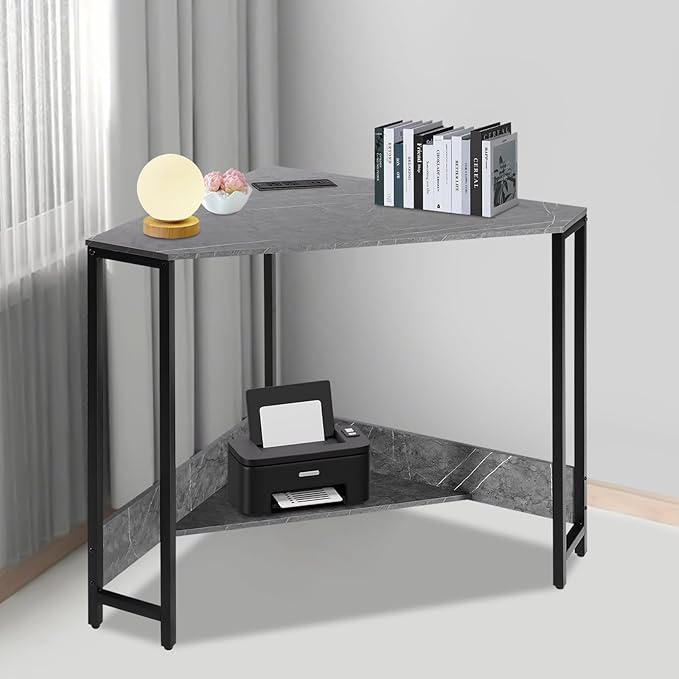 Corner Small Desk with Outlets Triangle Desk with Storage for Small Space Home Office Workstation Living Room Bedroom (Grey)