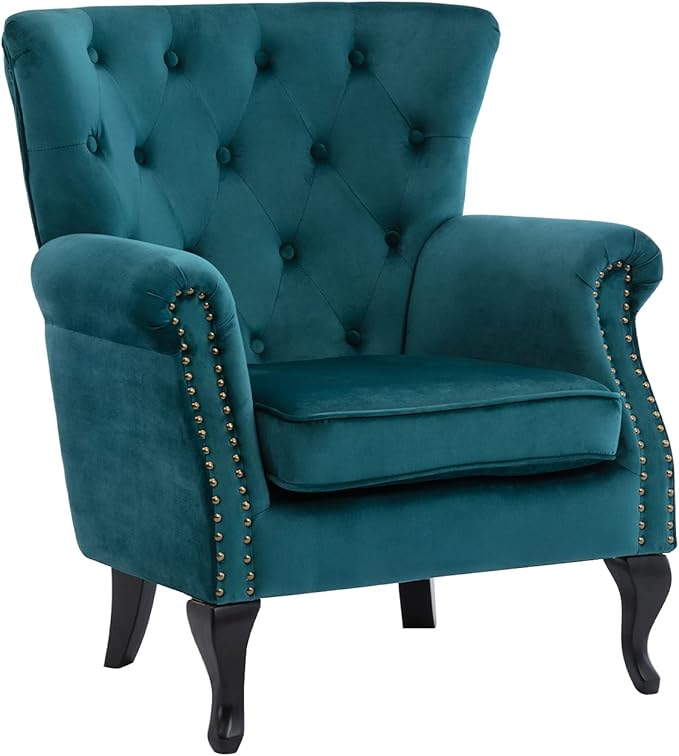 Mid Century Accent Chair Modern Button Tufted Armchair Wingback Club Chair Velvet Single Sofa Lounge Chair with Pillow for Living Room Bedroom Teal Blue