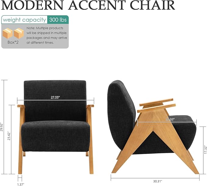 Home Accent Chair Mid Century Modern Accent Chair with Wood Frame Lounge Upholstered Armchair Reading Chair Sturdy BaseFor Living Room BedroomOfficeComfy Guest Waiting Room ChairsBlack
