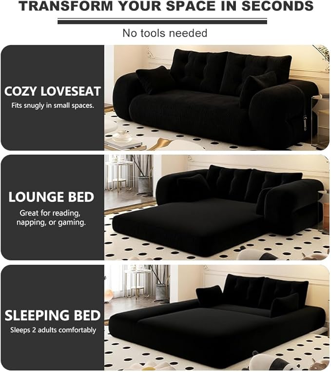 78.7 King Foldable Sofa Bed Lazy Sofa Couch 3-in-1 Multi-Functional Sleeper Sofa Bed Teddy Futon Sofa Floor Loveseat Sofa Human Dog Bed Bean Bag Lounge Recliner for Living Room Black