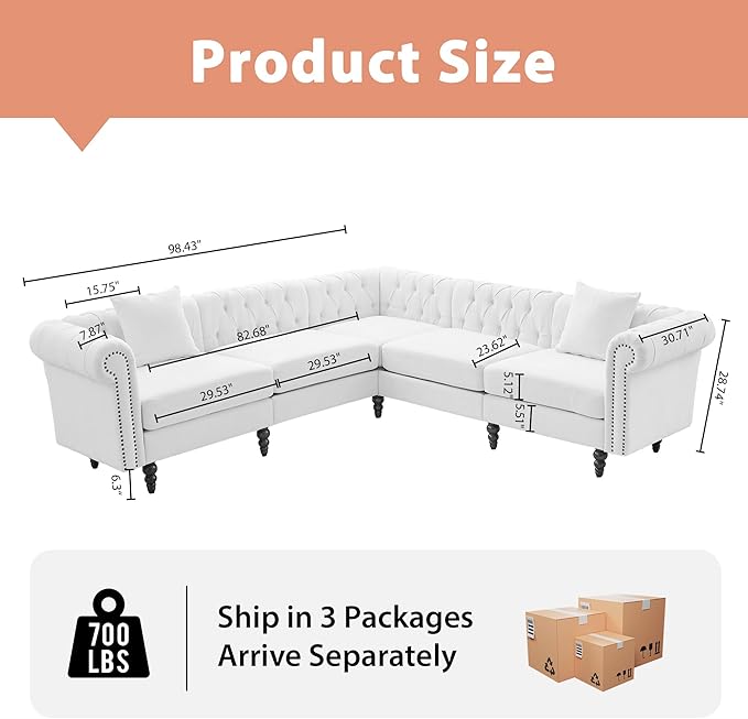 AVZEAR Chesterfield Modular Sectional Sofa Comfy Linen Fabric Couch Sectional with 2 Pillows Modern Upholstered Couches Living Room Furniture Sets for Living Room Bedroom and Apartment White