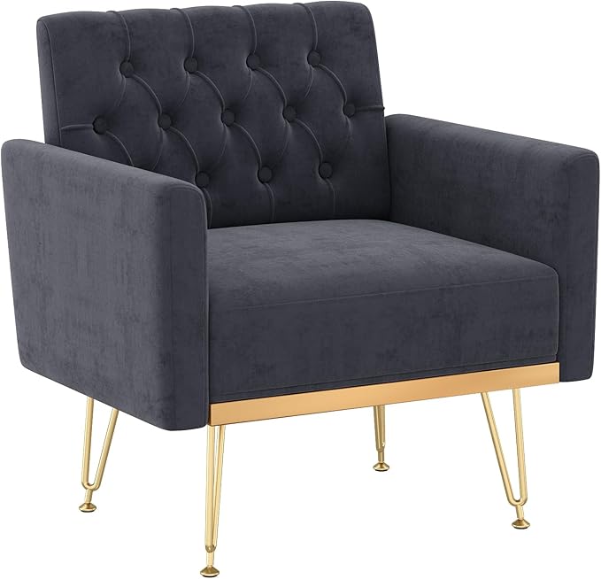 Olela Accent Chair with Arm for Living Room Velvet Modern Armchair Single Sofa Cozy Tufted Upholstered Reading Side Chairs with Gold Metal Leg for Bedroom Decorate