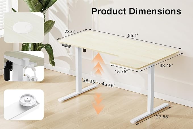EcoZen Standing Desk Electric Height Adjustable Desk 55 x 33.5 Inches L Shaped Sit Stand up Desk Computer Home Office Desk Memory Preset with Two-Piece Fir Wood Desktop (Natural 55 * 33.5 Inch)