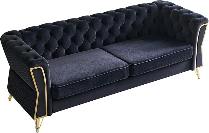 KEIKI 87 Chesterfield Velvet Button Tufted Sofa with High Density Foam Cushions Modern 3-Seater Couch with Gold Strip Trim Decoration Easy Assembly for Apartment Living Room Office Black