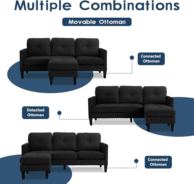 Convertible Sectional Sofa Couch Modern L-Shaped Couch 3-Seat Sofa Reversible Sectional for Living Room Apartment and Small Space (Black)