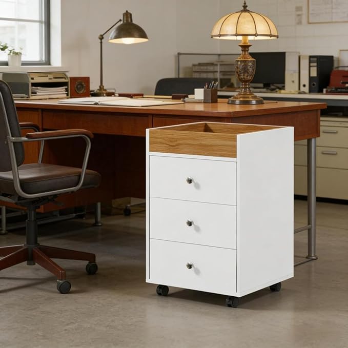 Mobile File Cabinet Office Cabinets with 4 Smooth Wheels for Home Office Rolling Filing Storage Cabinet Compact Printer Stands with 3 Drawers &amp Natural Wood Storage Box on The Top for Letter/A4 S