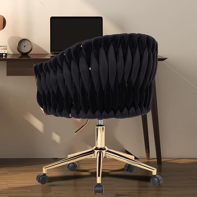 Velvet Office Chair with Hand Woven Black Vanity Chairs with Golden Wheels 360° Swivel Home Office Desk Chair Computer Chairs Accent Chair Makeup Chair for Bedroom Living Room(Black)
