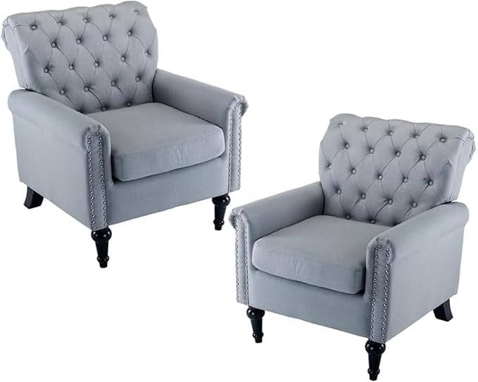 Upholstered Accent ChairsMid Century Armchair Sofa ChairsComfy Living Room ChairButton Tufted Reading Chair for Living Room BedroomStudy (2 Grey)