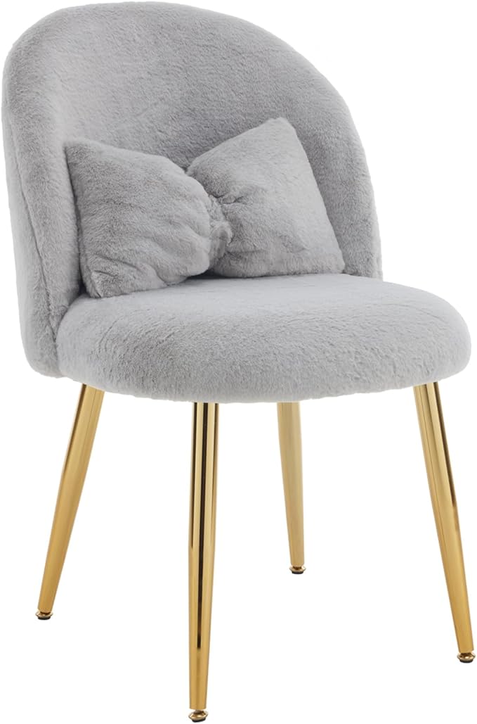 VINGLI Fluffy Girls Vanity Chair with Back &amp PillowCute Small Cozy Desk Chair No WheelsComfy Makeup Ch with Ajustable Gold Legsfor BedroomLiving RoomSmall SpaceGrey