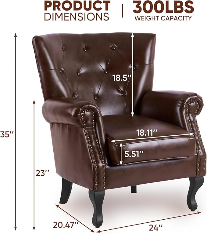 MOJAY PU Leather Accent Chair Set of 2 Mid-Century Modern Armchair Living Room Club Chair with Tufted Button &amp Rivet Trim Upholstered Sofa Chair with Sturdy Wood Legs for Bedroom (Reddish Brown)