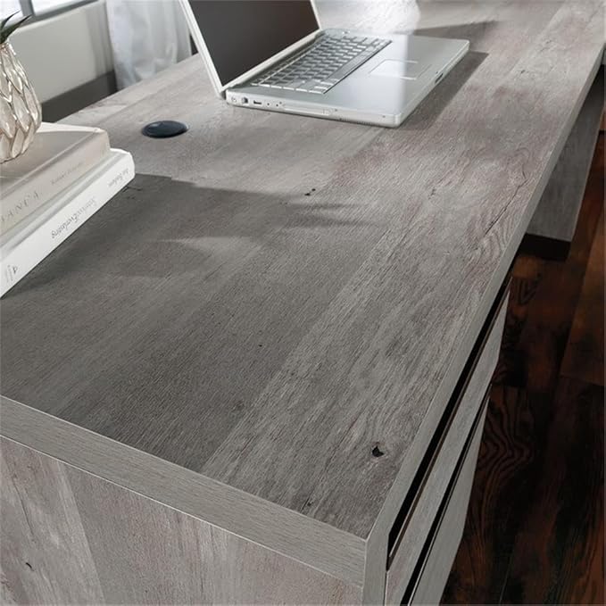 Pemberly Row Modern L-Shaped Engineered Wood Desk Mystic Oak Finish Metal Accents Lockable File Drawer Spacious Home Office Workspace Safety Certified for Durability and Performance