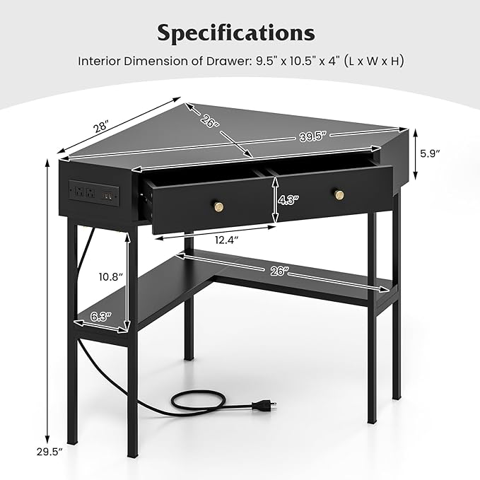 Corner Desk with Charging Station 90° Triangle Desk w/ 2 Drawers Storage Shelves Corner Vanity Table for Bedroom Compact Computer Desk for Small Space