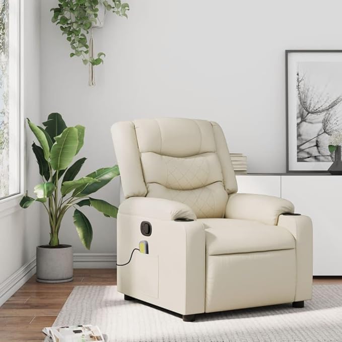 vidaXL Cream Faux Leather Massage Recliner Chair - Manual Reclining Armchair with Vibration Massage &amp Cup Holders for Living Room Lounge