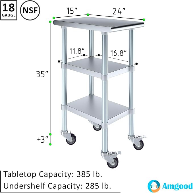 AmGood Stainless Steel Work Table with 2 Shelves and Casters | Metal Utility Table On Wheels (Stainless Steel Work Table with 2 Shelves + Casters 15 Long x 24 Deep)