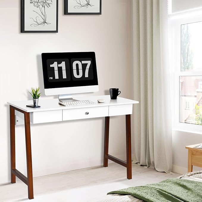 COSTWAY 42 Computer Desk with Storage Drawer Modern Home Office Writing Study Table with Solid Rubber Wood Legs &amp Non-Slip Foot Pads Multifunctional Makeup Vanity Dressing Table (Coffee and Whi
