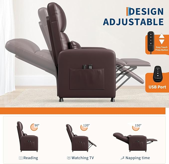 Power Recliner Chair Adjustable Electric Recliner Chair with Tall Back &amp Overstuffed Padding PU Leather Single Sofa with 2 Side Pockets &amp USB Port Home Theater Seating for Living Room Brow