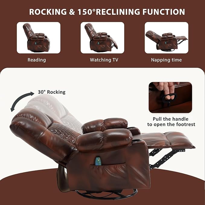 Faux Leather Swivel Rocker Recliner with Heat and Massage Cup Holders Overstuffed Rocking Glider Chair Heated Massaging Reclining Chair Brown