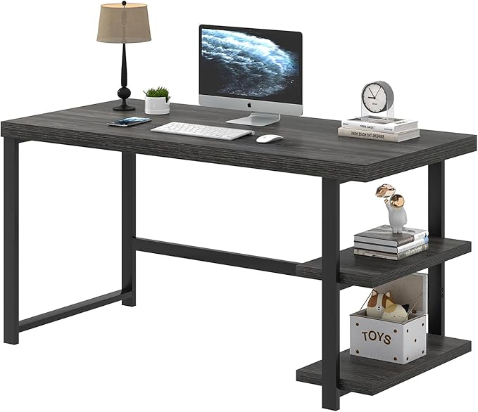 FOLUBAN 47 Inch Computer Desk with Storage Shelves Modern Home Office Desk Small Study Writing Desk Gaming Table Workstation for Bedroom Living Room Industrial Dark Gray