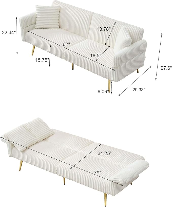 79'' White Futon Sofa Bed Corduroy Upholstered Folding Loveseat Couch with Adjustable Backrest and ArmrestsSleeper Sofa with Gold Metal Legs for Small Space Living Room (White)