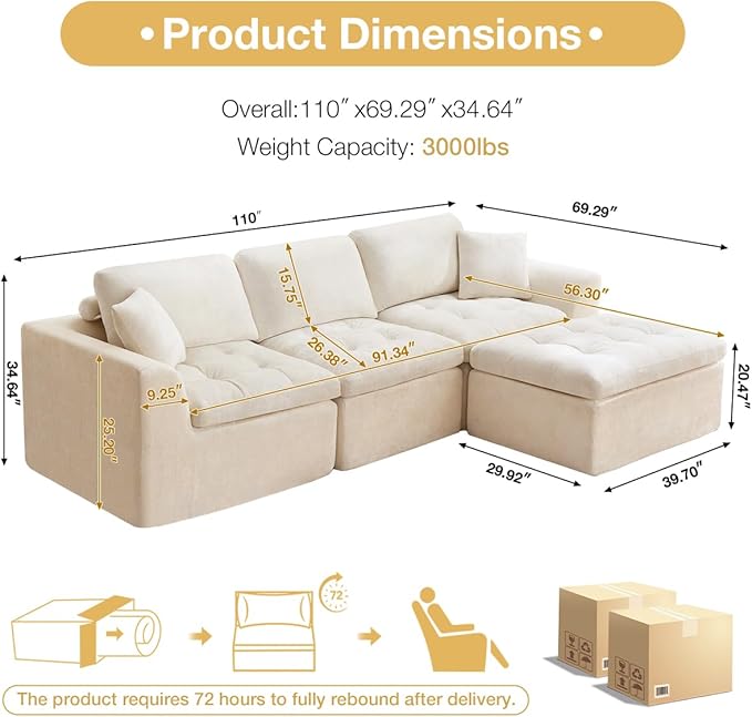 110 Cloud Sectional Couch for Living Room Upholstered L-Shape Modular Sofa with Movable Ottoman 3-Seater Deep-Seat Foam Couch Comfortable Convertible Sectional for Home &amp Apartment（Beige）