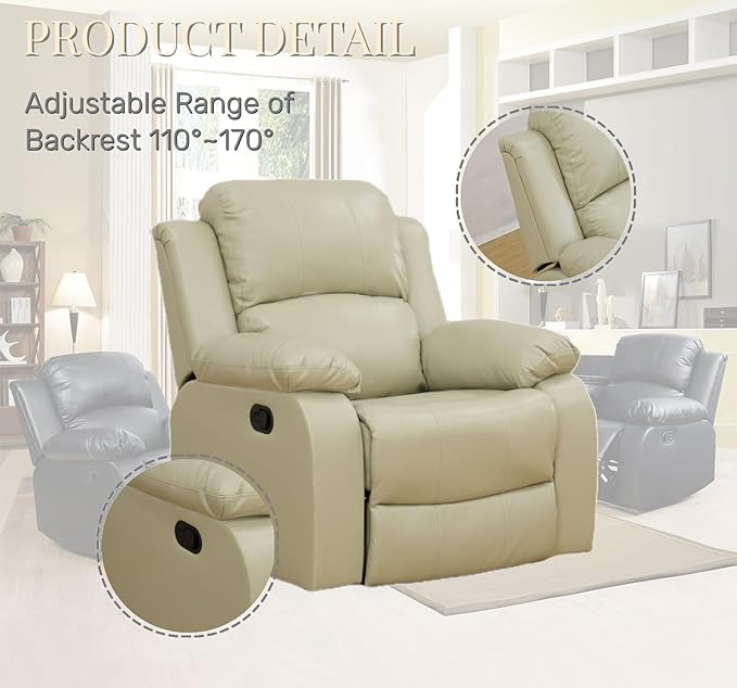 Leather Recliner Chair for Living Room Furniture Set Beige Leather Reclining Couch for Small Space/Rv Wall Hugger Single Recliner/Home Theater Seating for House/Office(Chair)