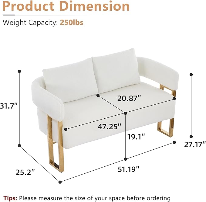 Teddy Loveseat Couch Modern Upholstered Small Love Seat Sofa 2 Seat Sofa with Gold Metal Frame Comfy Couches for Living Room Bedroom Reception Area &amp Office (White)