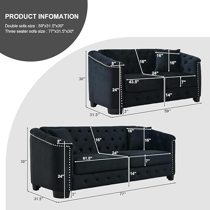 2 Piece Modern Chesterfield Velvet 77 3-Seater+59 Loveseat Sofa Set Upholstered Tufted Backrests with Nailhead Arms and 4 Cushions for Living Room Bedroom ApartmentBlack