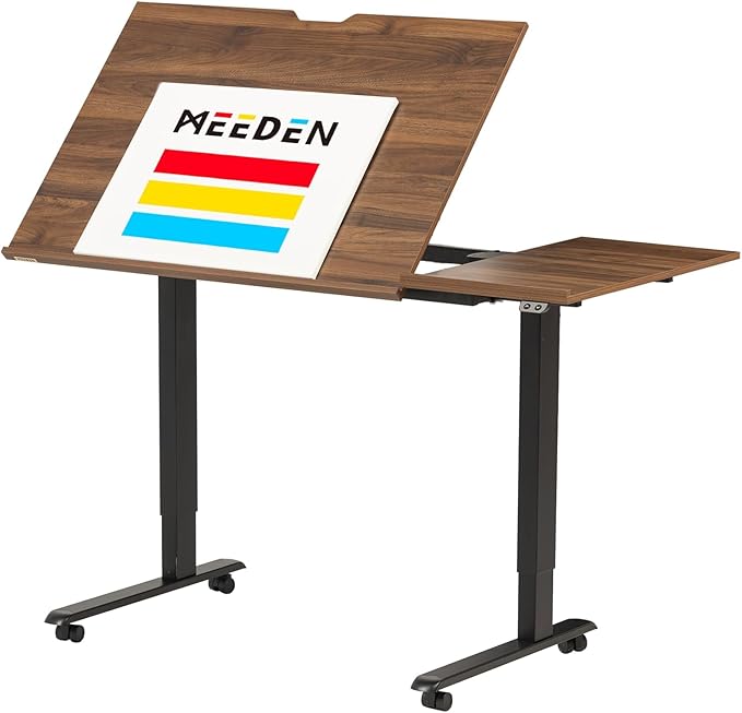 MEEDEN Electric Adjustable Office Table: 31-52 Height Adjustable Craft Desk- Tiltable Tabletop Sit Standing Home Office Desk-Walnut