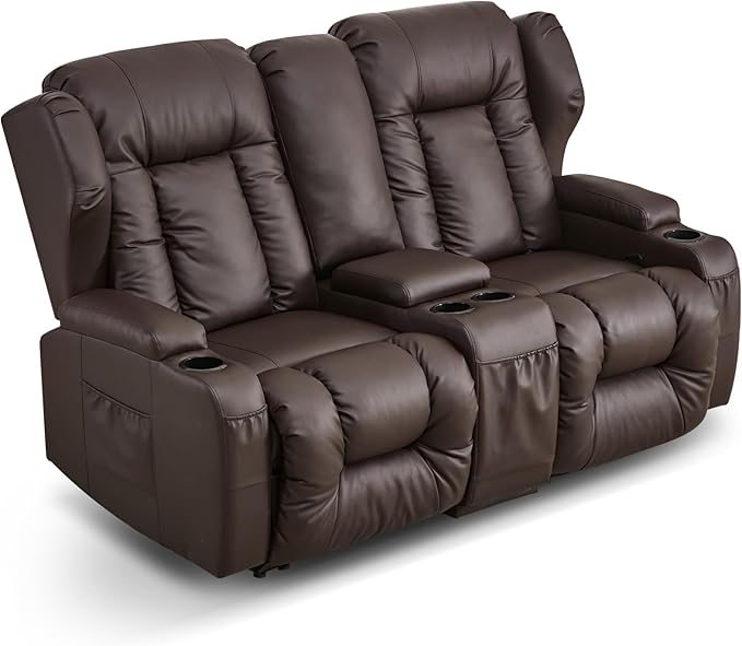 Loveseat Recliner SofaRV Wall Hugger Recliners for Small SpacesReclining Loveseat Sofa Recliner with Cup Holders/Lumbar PillowsRV Furniture (Brown Loveseat with Console)