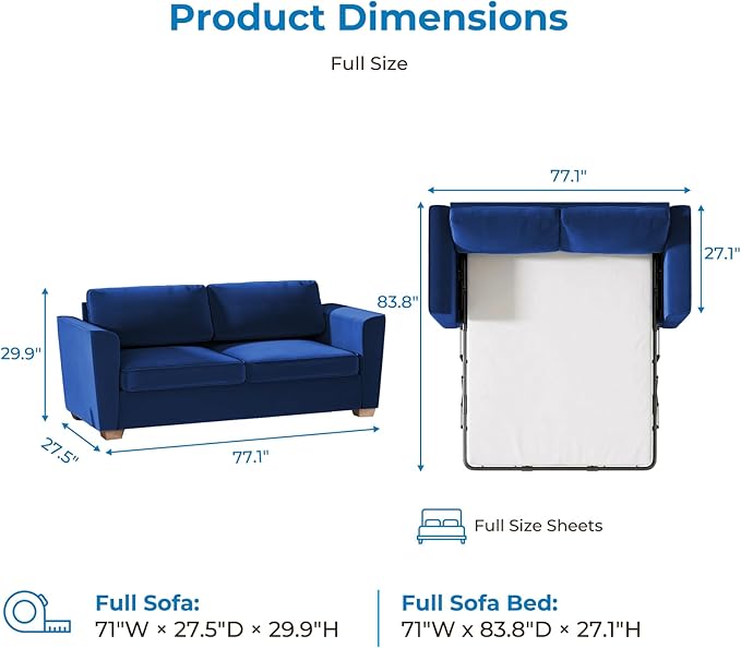 Mjkone 71 Width Full Size Pull Out Sofa Bed Sleeper Couch with Pillows and Folding Mattress 2 in 1 Velvet Loveseat Sleeper Sofa with Pull Out Couch Beds for Home Living Room Small Spaces Blue