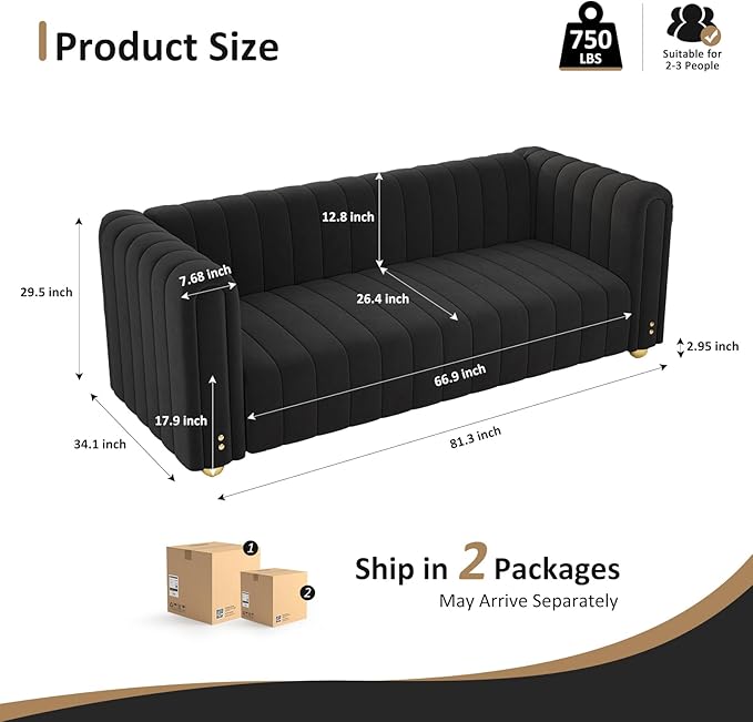 81 W Tufted Velvet CouchModern Velvet Sofa with Round Handrails and Metal Legs for Living Room Office Apartment (1 Black)