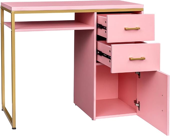 Computer Desk Pink Particleboard Iron Pipe 2 Drawers and 1 Door Computer Desk Multiple Scenes Available - for Home Office Bedroom Computer or Craft Table by Lavish Home