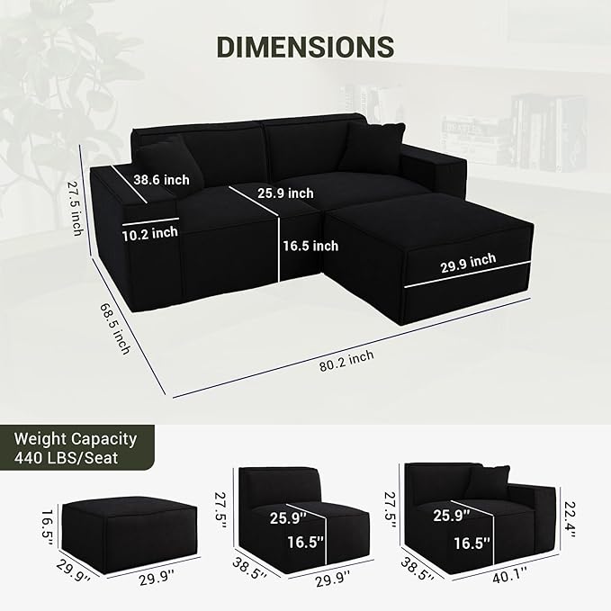 Cloud Modular Sectional Sofa Boneless Couch Sectional Couches with Deep Seat 2 Seater L Shape Couch for Living Room Chenille Memory Foam Sofas No Assembly RequiredBlack