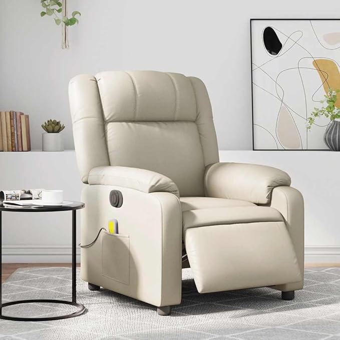 vidaXL Cream Electric Massage Recliner - Faux Leather Wingback Armchair with Vibration Sturdy Frame Electric Reclining Function for Living Room/Office