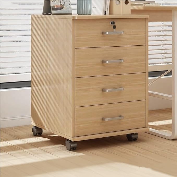 Mobile File Cabinet Wooden Low Desk Drawer with Four Drawers Lockable Storage Cabinet with Removable Wheels Multifunctional Locking Cabinet for Office(Natural)