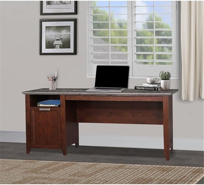 Pemberly Row Contemporary Executive Desk 71 Wide Two-Tone Brown Finish Transitional Style with Cabinet and Shelf Cord Management for Home Office Workspace