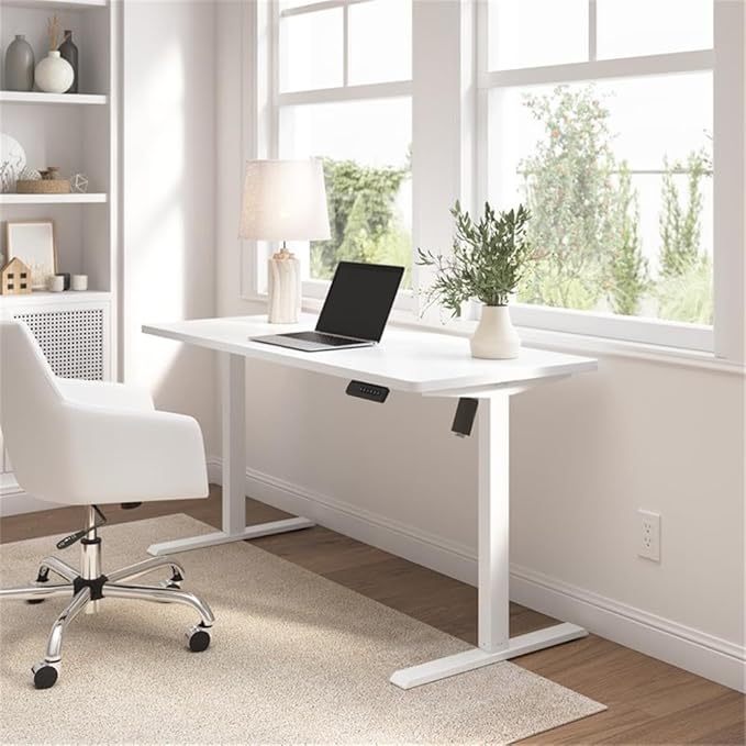 Bush Home Energize 55W x 24D Electric Height Adjustable Standing Desk in Basic White Ergonomic Sit-Stand Computer Table for Home Office