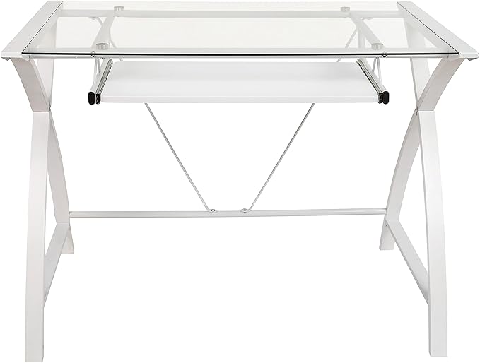 Flash Furniture Jude Clear Tempered Glass Computer Desk with White Pull-Out Keyboard Tray and White Crisscross Frame
