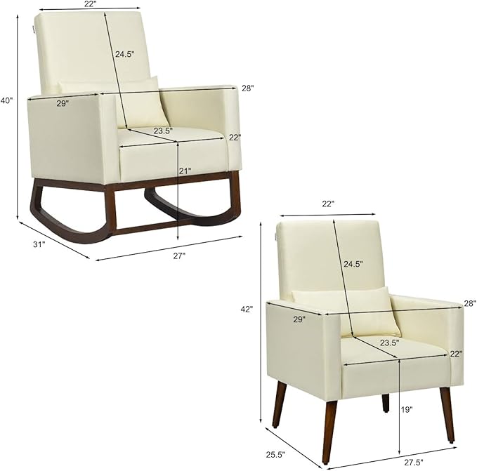 Giantex Upholstered Rocking Chair Modern High Back Armchair Comfortable Rocker with Fabric Padded Seat Waist Pillow and Wood Base Accent Chair for Nursery Living Room Bedroom Office Beige