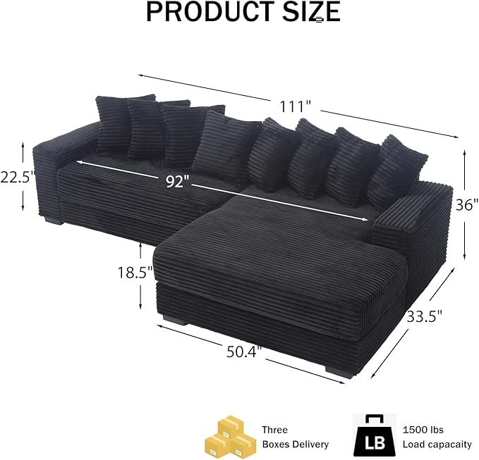 111 Inch Corduroy Sectional Couches for Living Room | L-Shaped Sectional Couch with 8 Pillows | Cloud Couch with Deep Seat | Solid Wood Frame Sofa Black (Right Facing Chaise)
