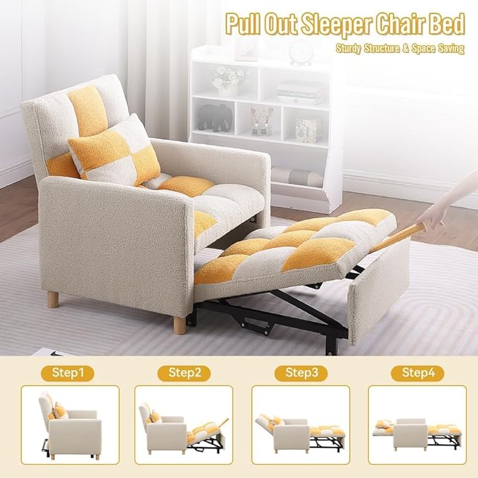 Convertible Sleeper Sofa Chair Bed3-in-1 Sleeper Chair Bed with PillowPull Out Single Armchair Sofa Bed with Adjustable Backrest Multi-Functiona Lounge Chair for Living Room (Yellow)